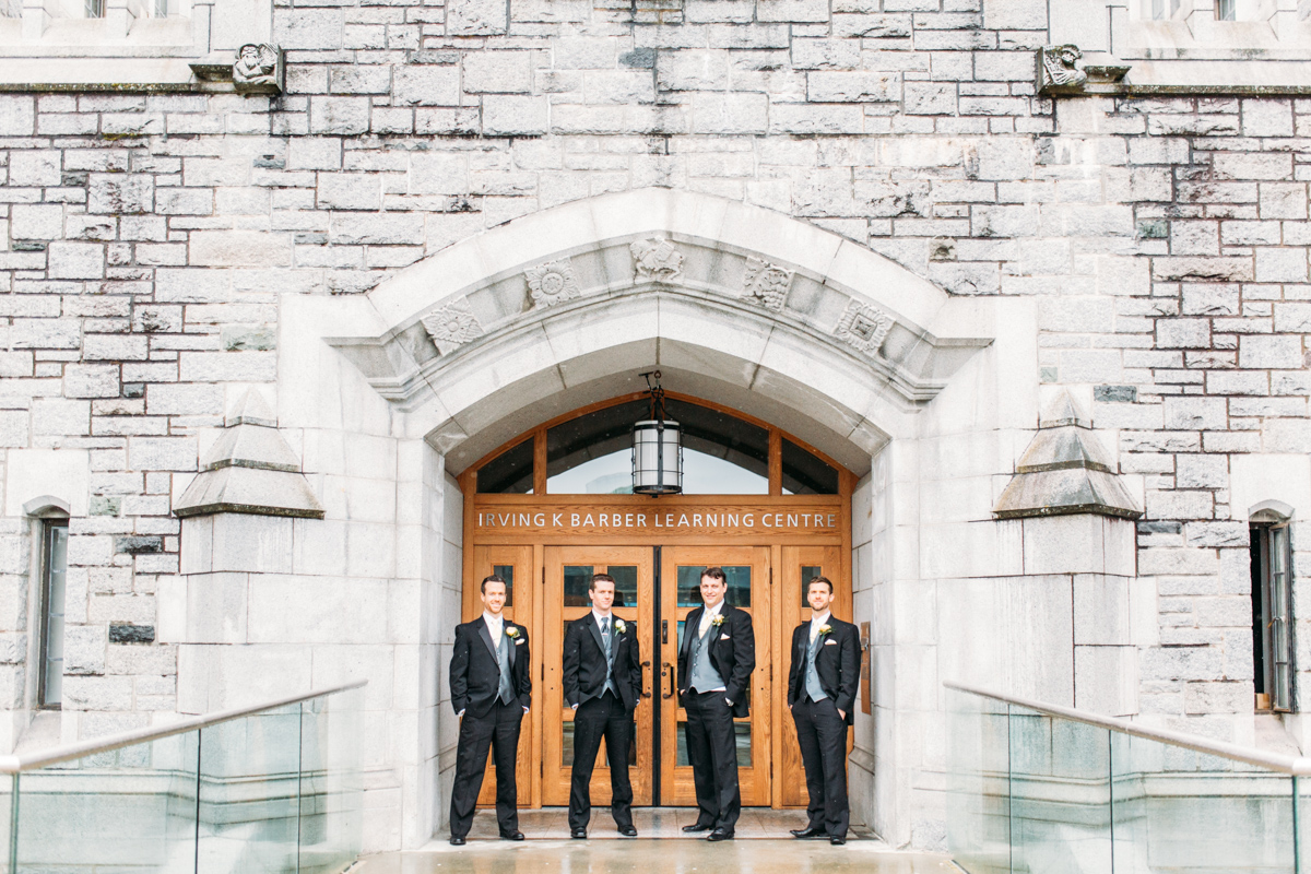 Wedding party groomsmen photo in UBC library, Vancouver, BC, Canada (Irving K Barber Learning Center)