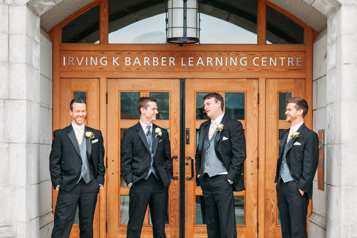 Wedding party groomsmen photo in UBC library, Vancouver, BC, Canada (Irving K Barber Learning Center)